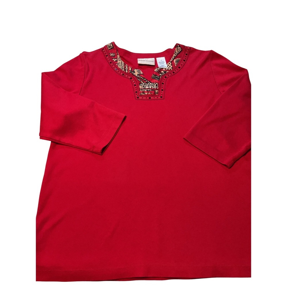 Alfred Dunner Red V Neck 3/4 Sleeve Top With Geometric Print Trim Size M